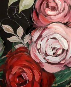 an oil painting of red and pink roses