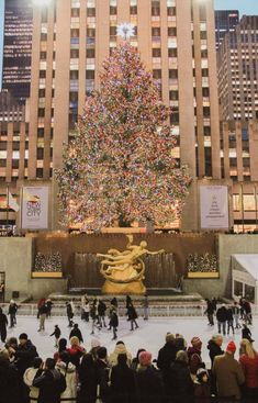 the rockefeller christmas tree is lit up in new york city's financial district, with people skating around it