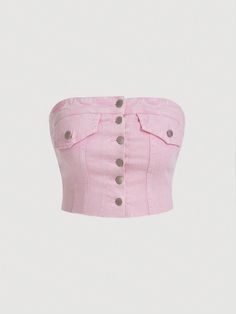 Plus Size Denim Strapless Top With Flap Detail And Button Front Pink Casual  Sleeveless Denim Plain  High Stretch  Women Plus Clothing, size features are:Bust: ,Length: ,Sleeve Length: Modest Spring Outfits, Glam Closet, Jeans Rosa, Corset Outfit, Top Jeans, Plus Size Denim, Pink Denim, Rose Bonbon, Baddie Outfits