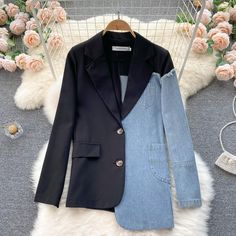 Fabric: Blended Size: s, m, l Color: Blue Size: s length 68 sleeve length 59 bust 90 waist 80 M length 69 sleeve length 60 bust 94 waist 84 L length 70 sleeve length 61 bust 98 waist 88 Female Cowboy, Fleece Denim Jacket, Coat Trends, Color Block Jacket, Single Breasted Coat, Suits For Sale, Clothing Websites, Cats Illustration, Denim Patchwork