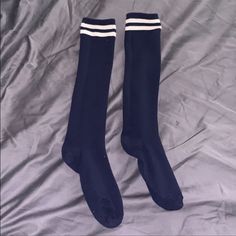 Navy Blue And White Knee High Socks. Never Worn! Casual Thigh High Socks, Casual Thigh High Socks For Stocking Stuffer, Casual Thigh-high Socks For Stocking Stuffers, Casual Thigh High Cotton Socks, Casual Cotton Thigh High Socks, Trendy Blue Knee-high Socks For Winter, Casual Stretch Socks For Stocking Stuffers, Sporty Blue Socks For Winter, Casual Blue Knee-high Socks