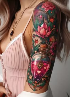 “Amour’s Alchemy” - This tattoo captures love’s tender touch in a potion of rosy pink, where each drop is a heartbeat, and the glow is as warm as a lover’s whisper. It’s the inked embodiment of a hug in a bottle. Pink Sleeve Tattoo, Potion Bottle Tattoo, Growth Tattoos, Thumb Tattoos, Bottle Tattoo, Magic Potion, Love S, Rosy Pink