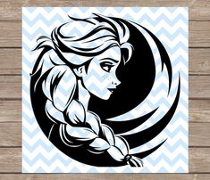 a drawing of a girl with braids in her hair on a blue and white chevron