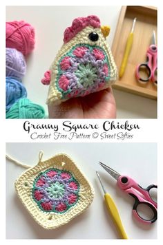 crochet granny granny bird ornament with scissors and yarn