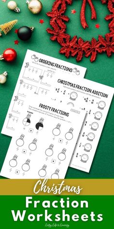 christmas fraction worksheets with ornaments and decorations