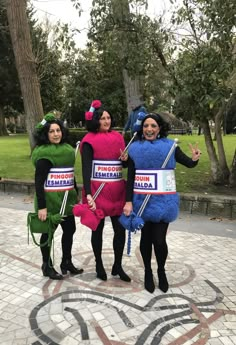 three women dressed in costumes posing for the camera