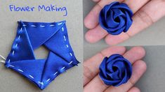 the process of making an origami flower is shown in three different stages, including one being folded