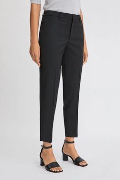 Emma Cropped Cool Wool Trouser | Filippa-k.com Timeless Straight Leg Pantsuit For Business Casual, Business Casual Tapered Leg Elastane Pants, Business Tapered Leg Elastane Pants, Timeless Workwear Bottoms With Welt Pockets, Office Pants With Welt Pockets, Classic Trousers Pantsuit For Office Wear, Chic Ankle-length Tailored Pantsuit, Slim Fit Ankle-length Pants For Office Wear, Slim Fit Trousers For Work