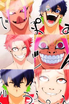 some anime characters with different facial expressions and hair colors, one is smiling at the camera