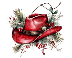 a watercolor drawing of a red cowboy hat with holly and berries on the side