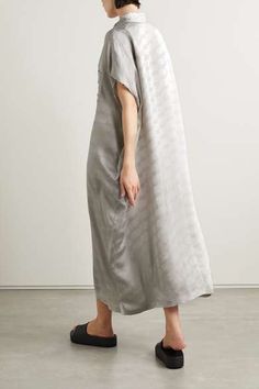 BALENCIAGA Oversized frayed satin-jacquard midi shirt dress | NET-A-PORTER Oversized Elegant Silk Dress, Oversized Silk Elegant Dresses, Oversized Elegant Midi Dress, Elegant Oversized Midi Dress For Daywear, Elegant Oversized Short Sleeve Midi Dress, Balenciaga Clothing, Midi Shirt Dress, Jacquard Weave, Gray Dress