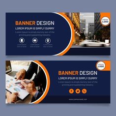 two business banners with orange and blue circles on them, one is for an advertisement