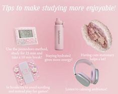 a pink background with various items and text that says tips to make studying more enjoyable