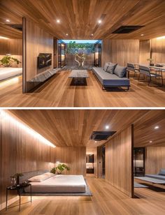 this modern bedroom has wooden walls and flooring