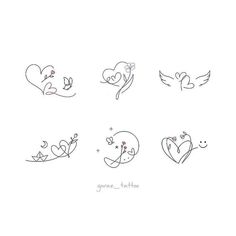 six drawings of birds and hearts with the words love written on them in cursive writing