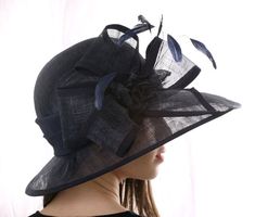 Derby style hat, Navy wide-brim hat, Kentucky derby hat, Asymmetric sun hat, Wedding hat, Tea Party Elegant Fedora Sun Hat For Kentucky Derby, Elegant Brimmed Boater Hat For Garden Party, Elegant Boater Hat For Garden Party, Chic Cloche Hat For Garden Party With Short Brim, Chic Cloche Hat With Short Brim For Garden Party, Chic Cloche Hat With Curved Brim For Garden Party, Fitted Wide Brim Fascinator For Garden Party, Elegant Fitted Boater Hat For Garden Party, Elegant Curved Brim Hat For Garden Party