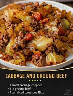 the menu for cabbage and ground beef is displayed on a plate with other food items