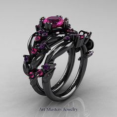 Nature Classic 14K Black Gold 1.0 Ct Pink Sapphire Amethyst Leaf and Vine Engagement Ring Wedding Band Set R340S-14KBGAMPS Art Masters Jewelry, Vine Engagement Ring, Engagement Ring Wedding Band Set, خواتم خطوبة, Engagement Rings Romantic, Engagement Rings Wedding Bands Set, Black Gold Ring, Black Gold Jewelry, Magical Jewelry