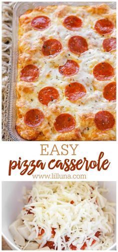 pizza casserole with cheese and pepperoni on top is shown in this collage