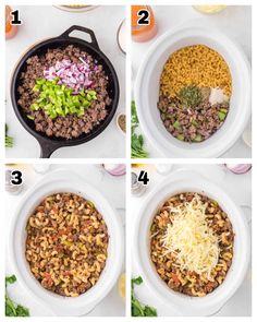 four pictures showing how to make an italian bean casserole with ground beef and cheese