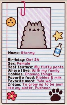 a card with a drawing of a cat on it's side and the caption for name stormy