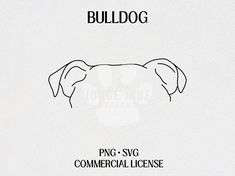 a dog's head with the words bulldog written in black ink on a white background