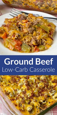 Collage of casserole dish and plate full of low-carb ground beef and vegetable casserole with text Ground Beef And Cream Cheese, Ground Beef Low Carb, Beef Low Carb, Taco Keto, Ground Beef And Bacon, Bacon Casserole