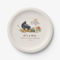 it's a boy baby shower plate with an illustration of a skeat and mushroom