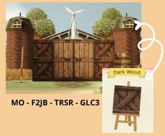 there is an image of a farm scene with windmills and barn doors in the background