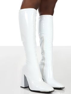 DETAILS Solid Color 3'' heel PU leather Side zipper White Wide Calf High Heel Knee-high Boots, White Wide Calf Knee-high Boots With High Heel, Polyurethane Knee-high Boots With Round Toe For Party, White Wide Calf Boots For Party, Knee-high Faux Leather High Heel Boots, Tall High Heel Faux Leather Boots, Tall Faux Leather High Heel Boots, Faux Leather Heels With Zipper Closure, Faux Leather Fitted Heels With Zipper Closure