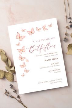 a pink and white butterfly themed birthday party card with the words,'a little bittie