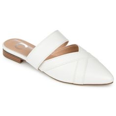 Looking for a classic style that never goes out of fashion? The Stasi by Journee Collection is the perfect shoe for you. This slip-on flat features vegan leather uppers with a strap at the vamp and a crisscross accent at the toe, giving it a timeless look. With its tiny block heel, snug narrow footbed, and 4 mm Tru Comfort Foam™ insole, you can wear these shoes all day long without sacrificing comfort. Mule Flats, Platform Block Heels, Closed Toe Shoes, Pointed Heels, Pointed Toe Heels, White Flats, Journee Collection, Perfect Shoes, The Vamps