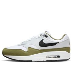 Nike Air Max 1 'White Black Medium Olive' FD9082-102 White Nike Air Max Sports Shoes Breathable, White Nike Air Max Breathable For Sports, White Breathable Nike Air Max For Sports, White Breathable Nike Air Max For Streetwear, White Nike Air Max Casual Sports Shoes, White Nike Air Max For Streetwear With Cushioned Footbed, Casual White Nike Air Max For Light Sports, White Nike Air Max With Cushioned Footbed For Streetwear, Casual White Nike Air Max For Sports