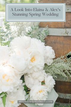 white flowers and greenery in front of an old barrel with text overlay that reads, a look into elana & alex's stunning spring wedding