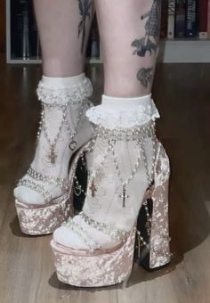 Platform Shoes Wedding, Pearl Shoes High Heels, Platform Heels With Socks, Frilly Aesthetic, Dollette Shoes, Frilly Socks And Heels, Socks Coquette, Coquette Heels, Iconic Movie Characters