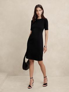 Scuba Seamed Knee-Length Dress | Banana Republic Factory Short Black Dress, Black Knee Length Dress, Dress Sleeves, Urban Chic Fashion, Classic Black Dress, Black Dress With Sleeves, Essential Dress, Black Short Dress, Banana Republic Factory