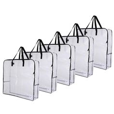 six clear bags with black handles and straps on each side, all lined up in a row