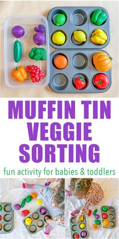 muffin tin veggie sorting activity for babies and toddlers to play with