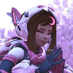 an animated character is holding her hands out in front of some pink and white flowers