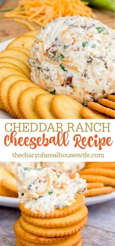 the best cheesy ranch cheese ball recipe on crackers with text overlay