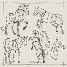 some drawings of horses that are standing in different positions and shapes, all with saddles on their backs