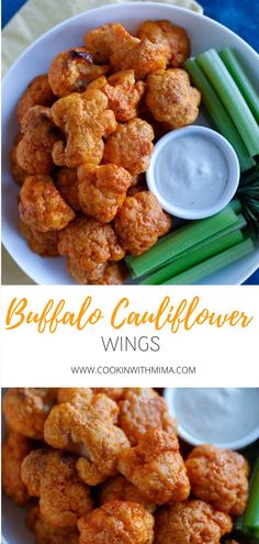 buffalo cauliflower wings with ranch dip and celery sticks on the side