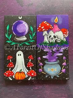 three paintings with different designs on them, one has a candle and the other is a pot