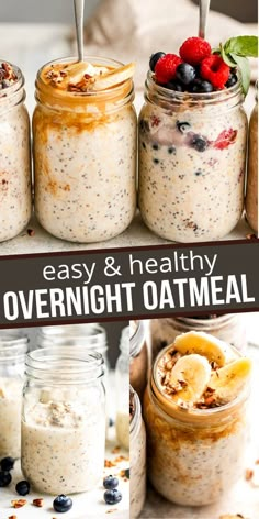 overnight oatmeal in mason jars with berries and bananas