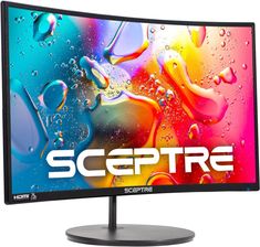 a computer monitor with the word sceptre on it's screen and water droplets