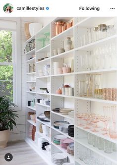 the shelves are full of glasses and plates in different shapes, sizes, and colors