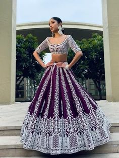 Wine Indian Wedding Lehenga Choli in Mono Silk with Heavy Embroidery Work and Dupatta, Item code: KTSSR223, Price: 57.99 USD, Fabric: Silk, Color: Wine, Occasion : Wedding, Wedding & Party Wear, Size: Semi Stitch, Stitching: Custom Stitch, Semi Stitched, Work: Embroidered, Gender: Women. Orang India, Purple Lehenga, Lehenga Blouse Designs, Work Lehenga