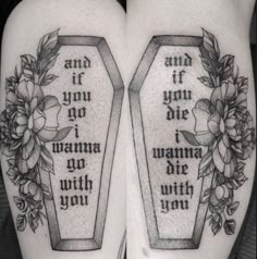 two tattoos with words and flowers on the thighs, one has an open book in it