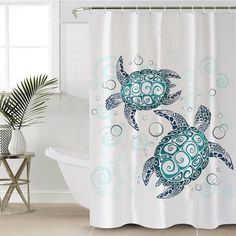 a shower curtain with two sea turtles on it