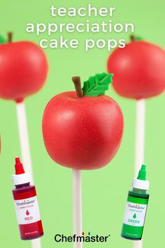 an advertisement for cake pops with red apples and green leaves on them, in front of the words teacher appreciation cake pops